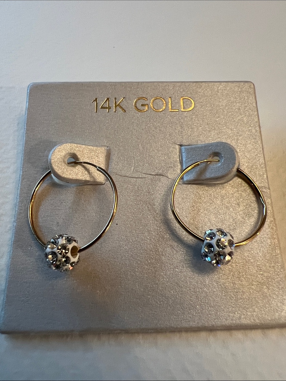 14K Gold Hoop Earrings with Crystal Ball Accent - Gold